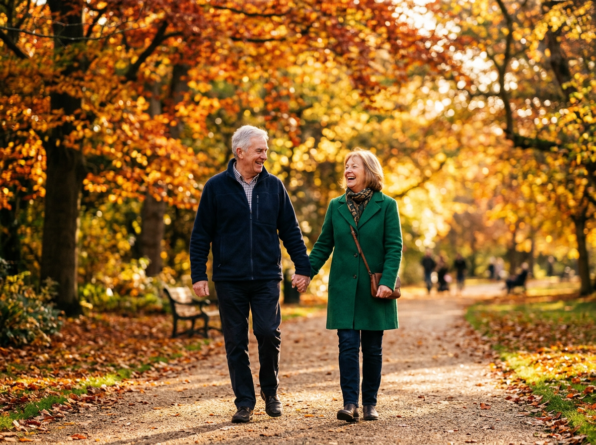 Retired couple enjoying autumn walk